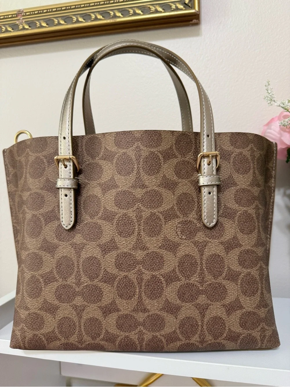 Coach Brown Signature Satchel With Lt Champagne Straps  and Bottom